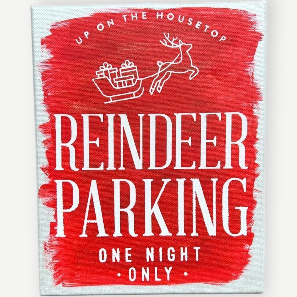 HANDMADE Reindeer Parking Red & White Christmas Festive Canvas Sign. Home Decor.